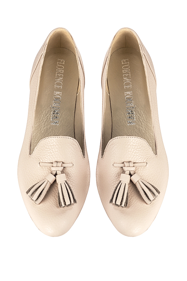 Champagne white women's loafers with pompons. Round toe. Flat leather soles. Top view - Florence KOOIJMAN